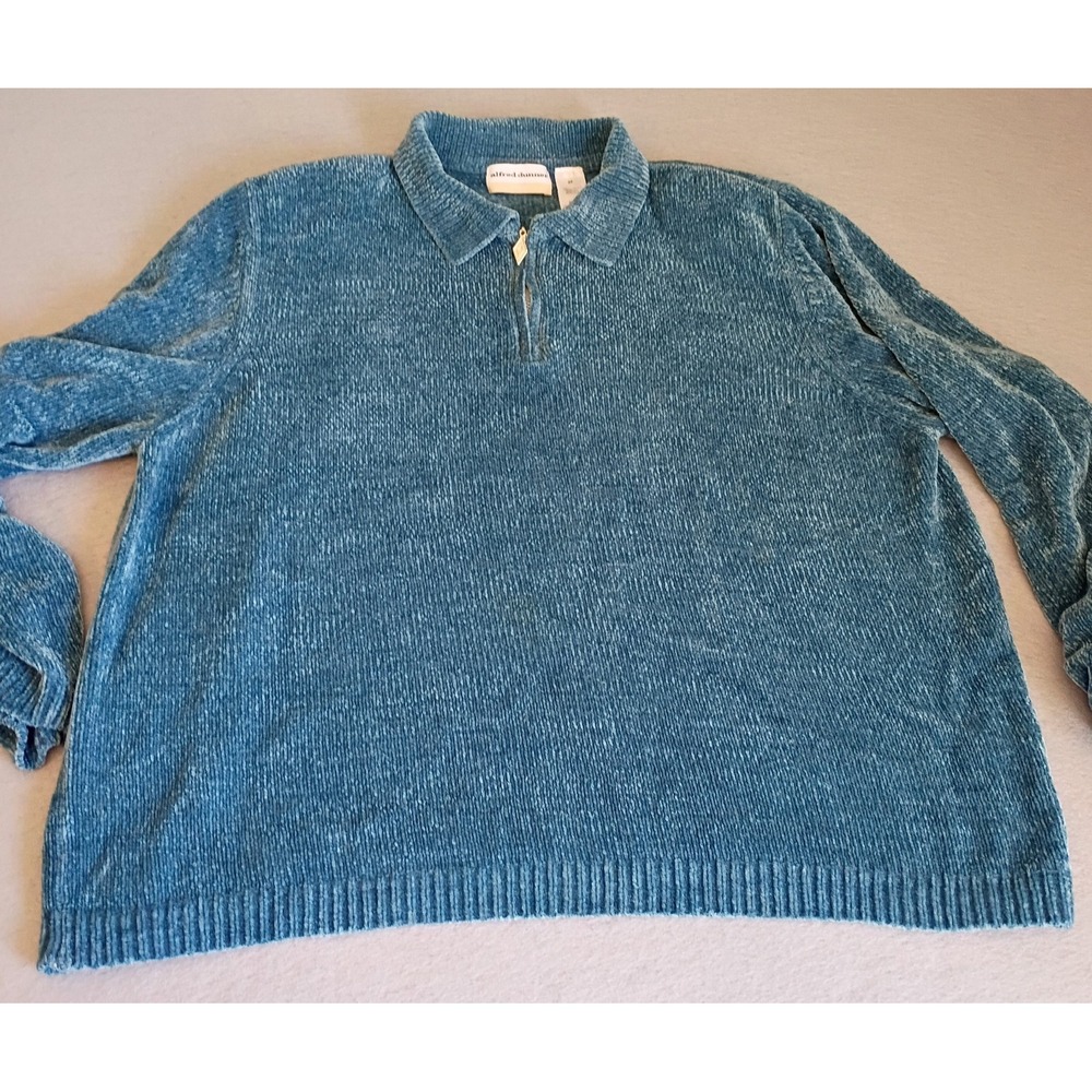 Alfred Dunner Chenille Blue Collared Sweater Size 2X Vintage Shoulder Pads Cozy